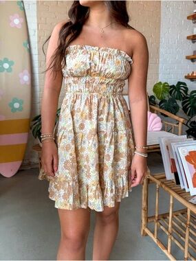 Sky To Moon Strapless Floral Smocked Mini Dress - Beige Floral size Small